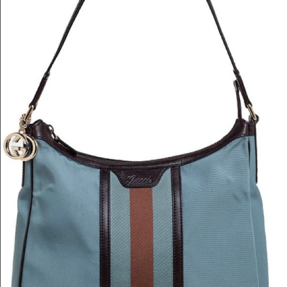 Gucci Blue/Brown Nylon & Leather Vintage Web Hobo - Picture 2 of 15